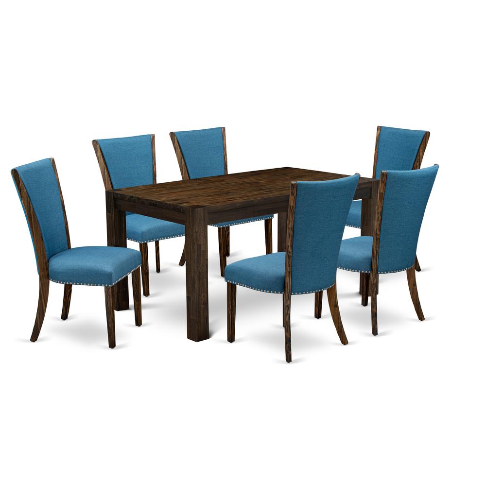East West Furniture - CNVE7-77-21 - 7-Pc Dining Room Set- 6 Mid Century Dining Chairs and Kitchen Table - Blue Linen Fabric Seat and High Chair Back - Distressed Jacobean Finish. Picture 1