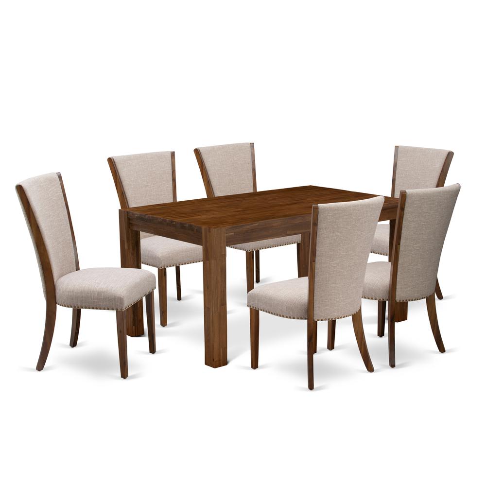 East West Furniture - CNVE7-N8-04 - 7-Pc Dining Room Table Set- 6 Parson Dining Chairs and Wood Dining Table - Light Tan Linen Fabric Seat and High Chair Back - Antique Walnut Finish. Picture 1