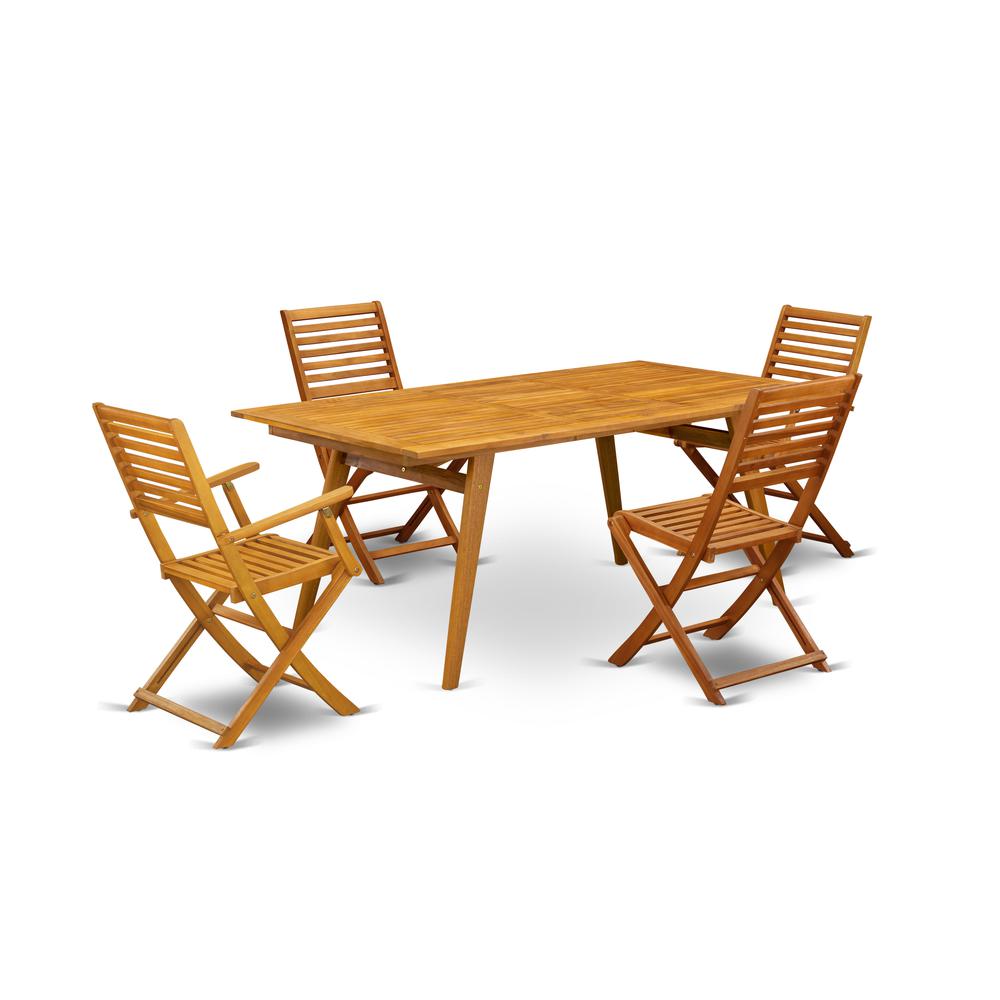 East West Furniture DEBS52CANA 5-Pc Outdoor Dining Set- 4 Patio Dining Chairs with Ladder Back and Outdoor Patio Dining Table and Rectangular Top with Wood 4 legs - Natural Oil Finish. Picture 1