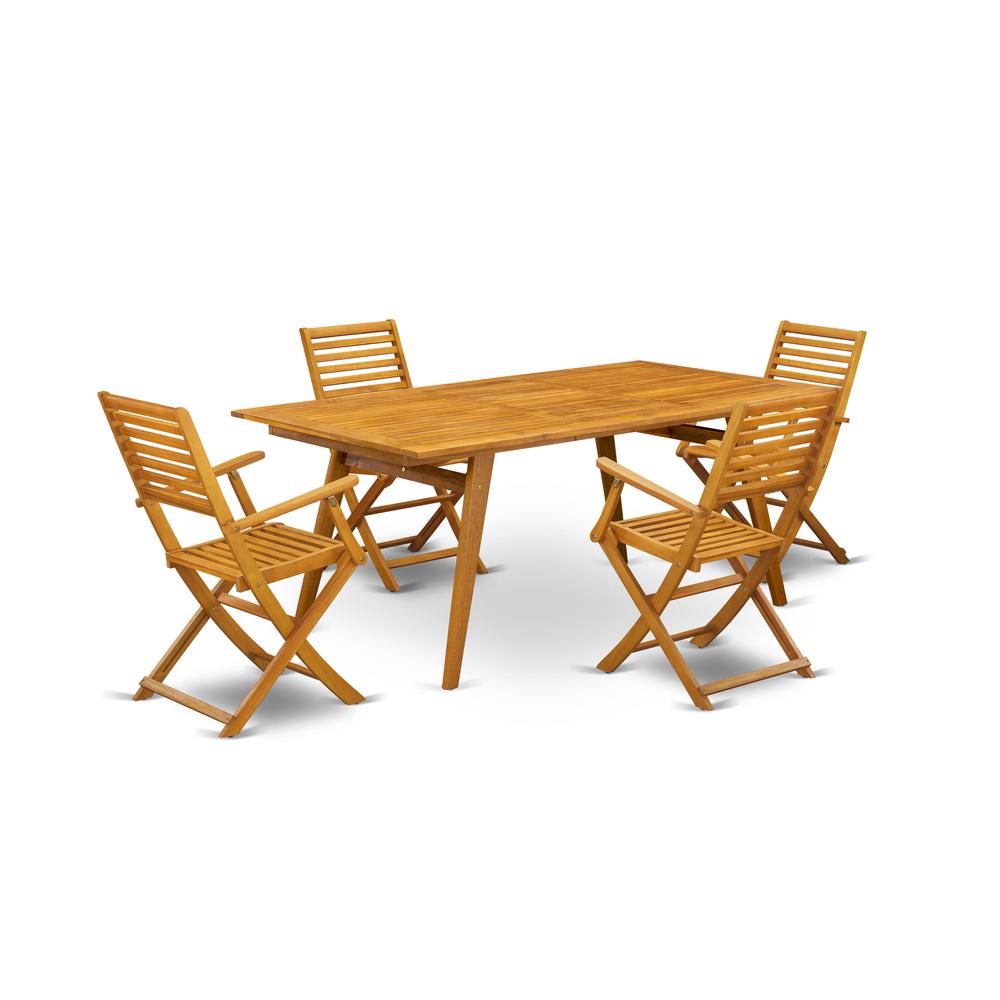 East West Furniture DEBS5CANA 5-Pc Outdoor Dining Table Set- 4 Patio Arm Chairs Ladder Back and Patio Table and Rectangular Top with Wood 4 legs - Natural Oil Finish. Picture 1