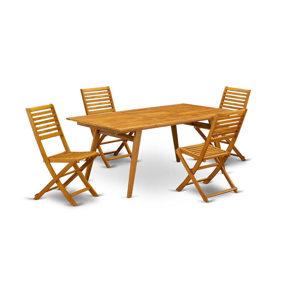 East West Furniture DEBS5CWNA 5-Piece Outdoor Coffee Table Set- 4 Patio Chairs Slatted Back and Outdoor Coffee Table and Rectangular Top with Wood 4 legs - Natural Oil Finish. The main picture.