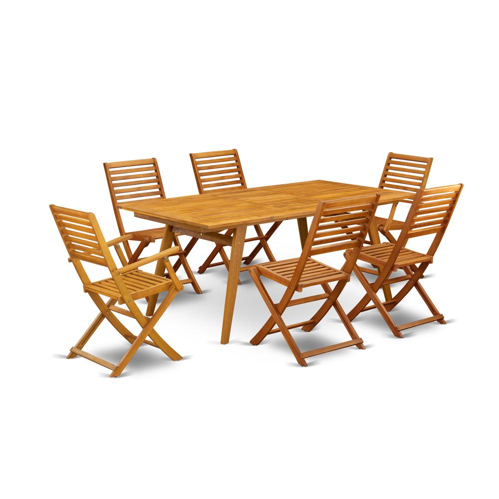 East West Furniture DEBS72CANA 7-Piece Table Set- 6 Outdoor Arm Dining Chairs with Ladder Back and Small Table and Rectangular Top with Wooden 4 legs - Natural Oil Finish. The main picture.