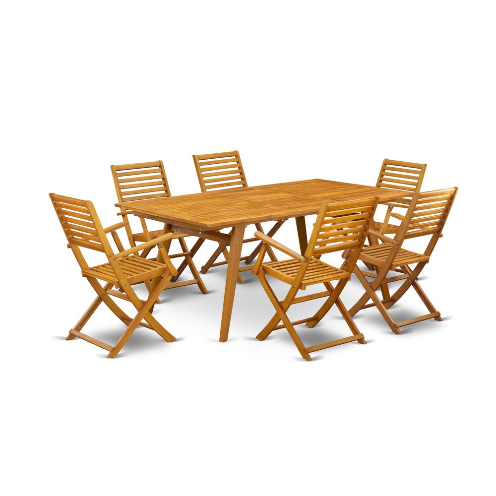 East West Furniture DEBS7CANA 7-Pc Outdoor Patio Set- 6 Outdoor Arm Chairs Ladder Back and Outdoor Coffee Table and Rectangle Top with Wood 4 legs - Natural Oil Finish. Picture 1