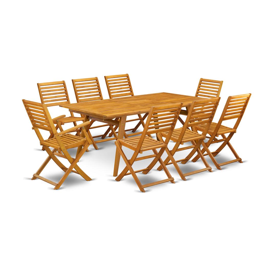 East West Furniture DEBS92CANA 9-Pc Small Patio Set- 8 Lawn Chairs with Ladder Back and Modern Coffee Table and Rectangular Top with Wooden legs - Natural Oil Finish. Picture 1