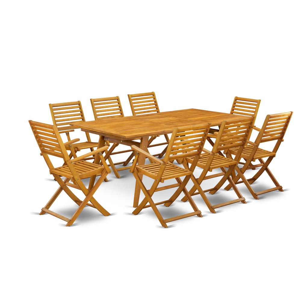 East West Furniture DEBS9CANA 9-Piece Table Set- 8 Patio Dining Chairs Ladder Back and Small Outdoor Table and Rectangle Top with Wooden 4 legs - Natural Oil Finish. Picture 1