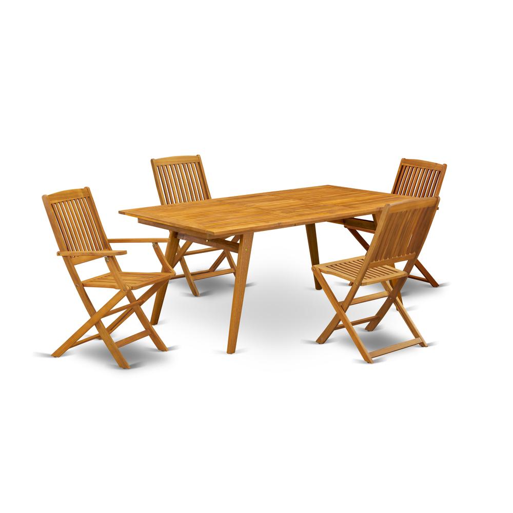 East West Furniture DECM52CANA 5-Piece Outdoor Set- 4 Fordable Chairs with Slatted Back and Modern Coffee Table and Rectangular Top with Wooden 4 legs - Natural Oil Finish. Picture 1