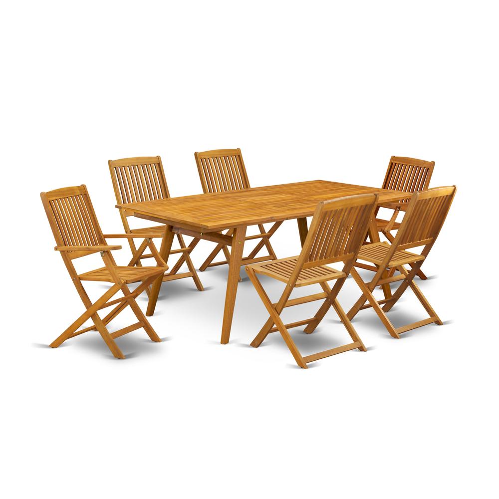 East West Furniture DECM72CANA 7-Pc Small Patio Set- 6 Coffee Chairs with Slatted Back and Outdoor Patio Dining Table and Rectangular Top with Wooden 4 legs - Natural Oil Finish. Picture 1