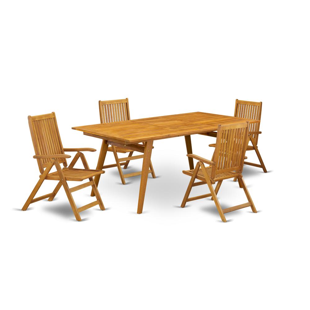 East West Furniture DECN5C5NA 5-Pc Small Patio Table Set- 4 Foldable Arm Chairs Slatted Back and Small Outdoor Table and Rectangular Top with Wood 4 legs - Natural Oil Finish. The main picture.