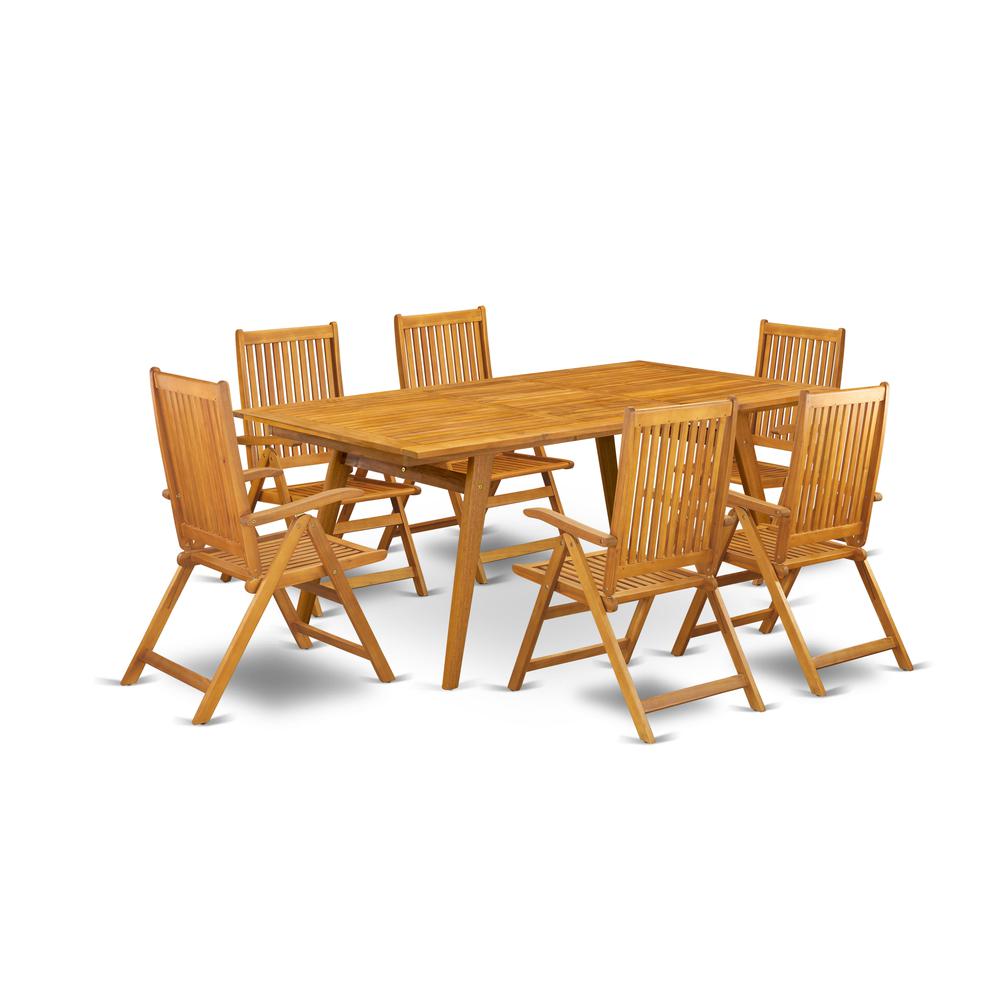 East West Furniture DECN7C5NA 7-Piece Outdoor Dining Set- 6 Outdoor Chairs High Slatted Back and Outdoor Coffee Table and Rectangle Top with Wood 4 legs - Natural Oil Finish. Picture 1