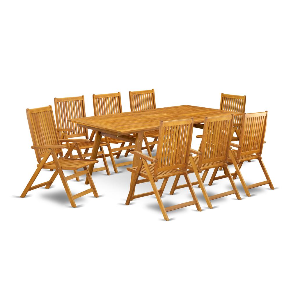 East West Furniture DECN9C5NA 9-Pc Outdoor Dining Table Set- 8 Folding Arm Chairs For Outside Slatted Back and Patio Table and Rectangle Top with Wood 4 legs - Natural Oil Finish. Picture 1