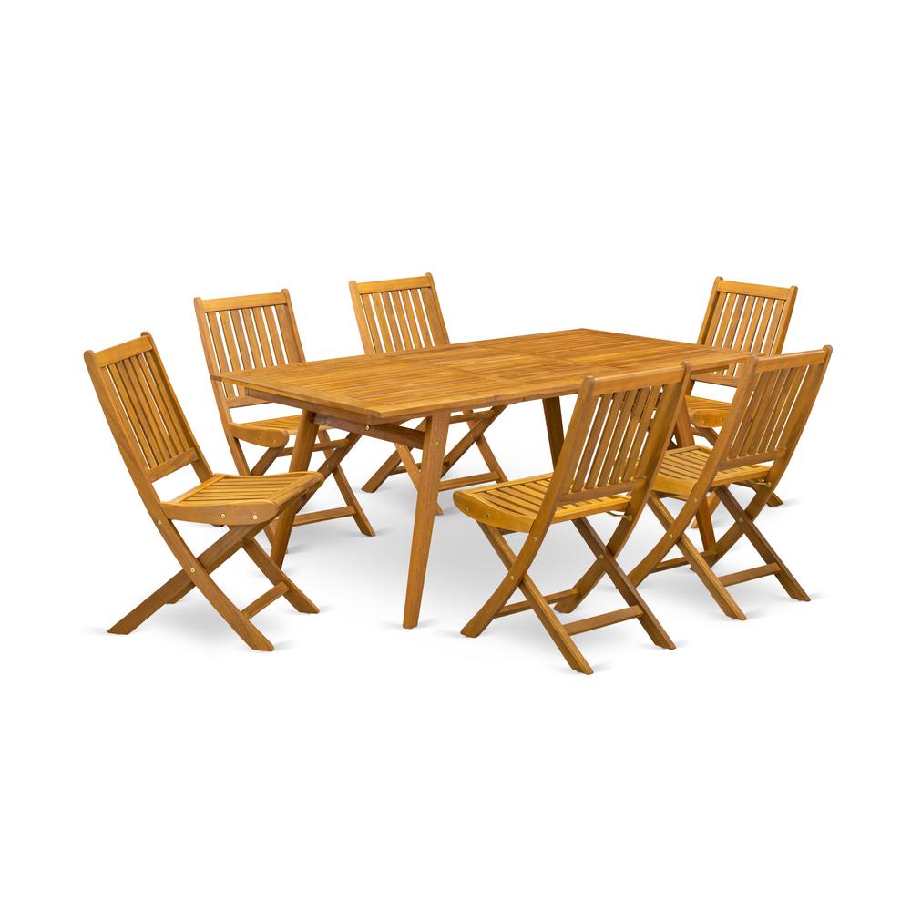 East West Furniture DEDK7CWNA 7-Piece Outdoor Set- 6 Foldable Chairs Slatted Back and Outdoor Table and Rectangle Top with Wood 4 legs - Natural Oil Finish. Picture 1
