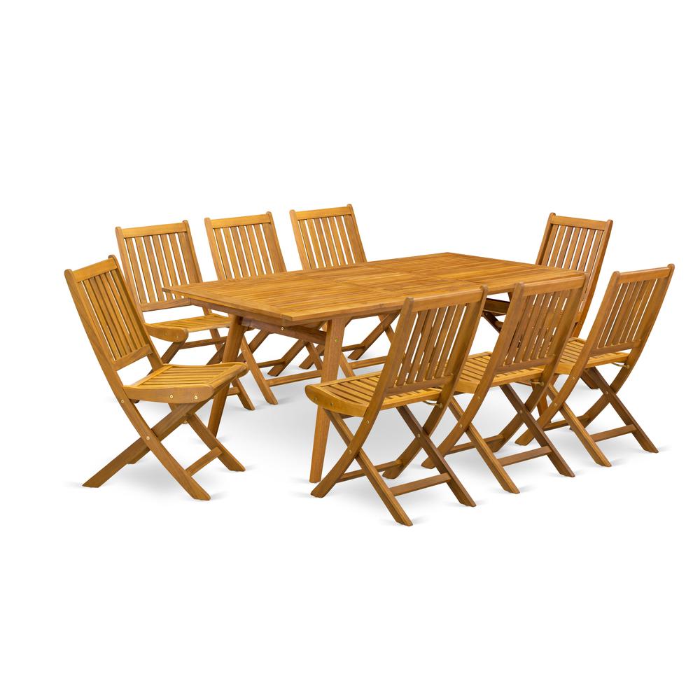 East West Furniture DEDK9CWNA 9-Pc Outdoor Table Set- 8 Outdoor Chairs Slatted Back and Modern Coffee Table and Rectangular Top with Wood 4 legs - Natural Oil Finish. Picture 1