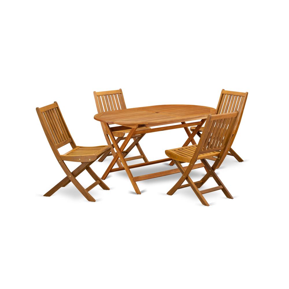 East West Furniture DIDK5CWNA 5-Piece Outdoor Dining Table Set- 4 Outdoor Dining Chairs Slatted Back and Outdoor Coffee Table and Rectangle Top with Wood 4 legs - Natural Oil Finish. Picture 1