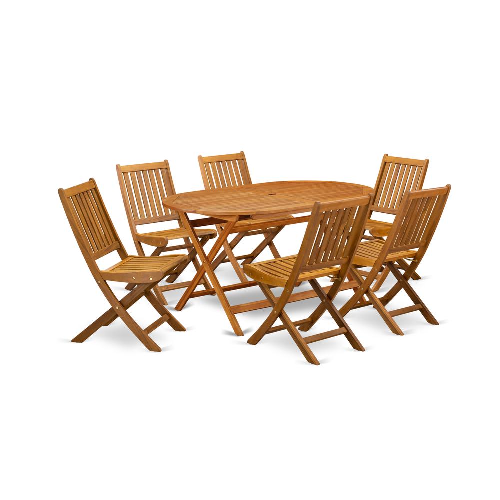 East West Furniture DIDK7CWNA 7-Piece Outdoor Table Set- 6 Outdoor Folding Chairs Slatted Back and Patio Table and Round Top with Wood 4 legs - Natural Oil Finish. Picture 1