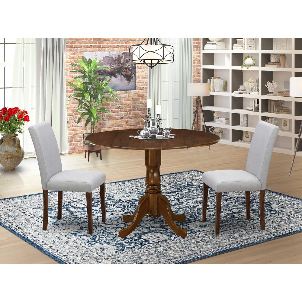 3 Pc Dining Set Includes a Round Table and 2 Upholstered Chairs, Antique Walnut. Picture 7