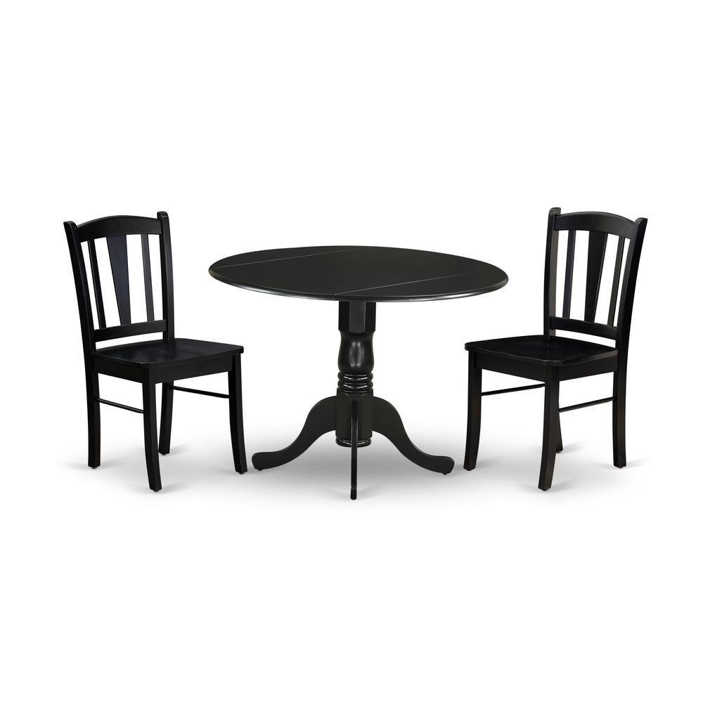 DLDL3-BLK-W - 3-Pc Dining Table Set - 2 Wood Kitchen Chairs and 1 Drops Leaf Kitchen Table - Black Finish. Picture 2