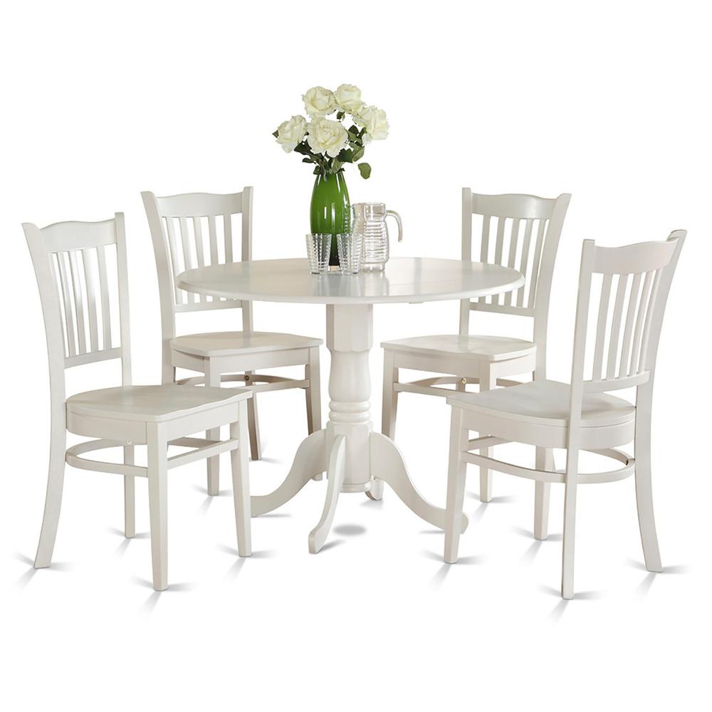 5 Piece Kitchen Table & Chairs Set Includes a Round Dining Room Table with Dropleaf and 4 Dining Chairs, 42x42 Inch, Linen White. Picture 1