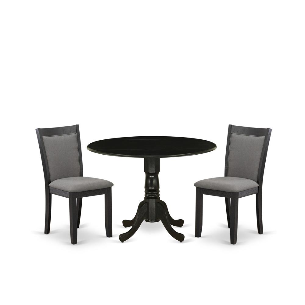 East West Furniture 3-Piece Dining Set Includes a Dining Table with Drop Leaves and 2 Dark Gotham Grey Linen Fabric Dining Chairs - Wire Brushed Black Finish. Picture 2