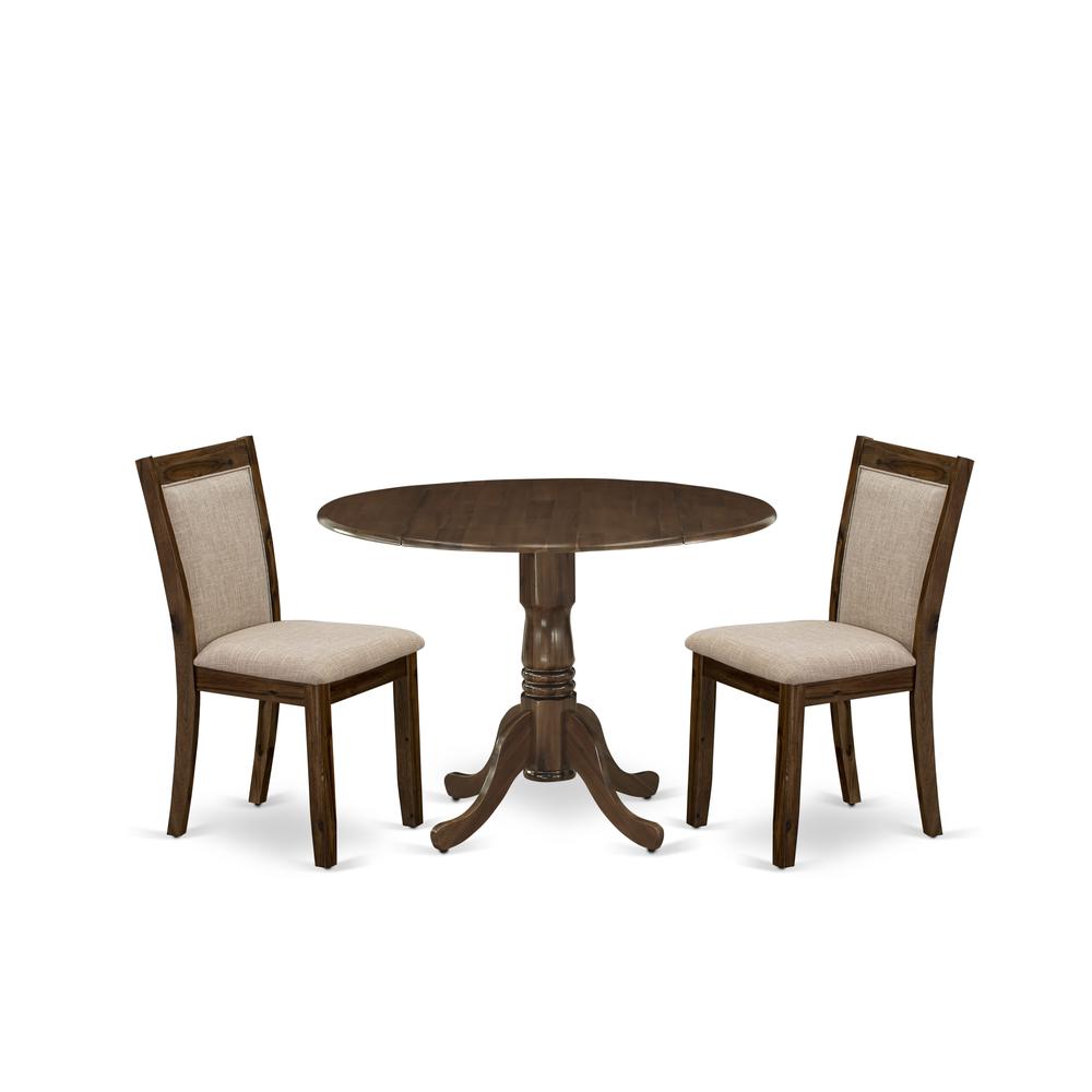 East West Furniture 3-Piece Dining Room Set Consists of a Pedestal Table with Drop Leaves and 2 Light Tan Linen Fabric Dining Chairs - Sand Blasting Antique Walnut Finish. Picture 2
