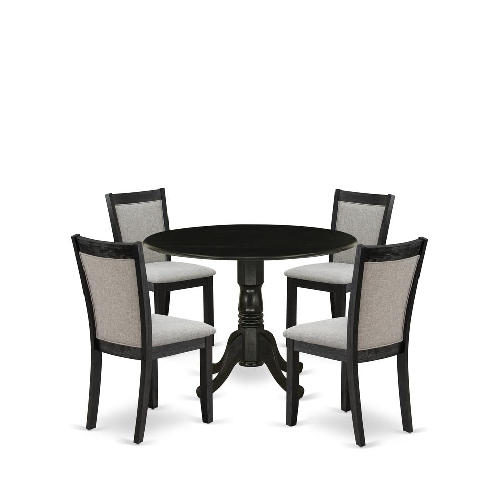 East West Furniture 5-Pc Dinette Set Contains a Pedestal Table with Drop Leaves and 4 Shitake Linen Fabric Parson Dining Chairs - Wire Brushed Black Finish. Picture 2