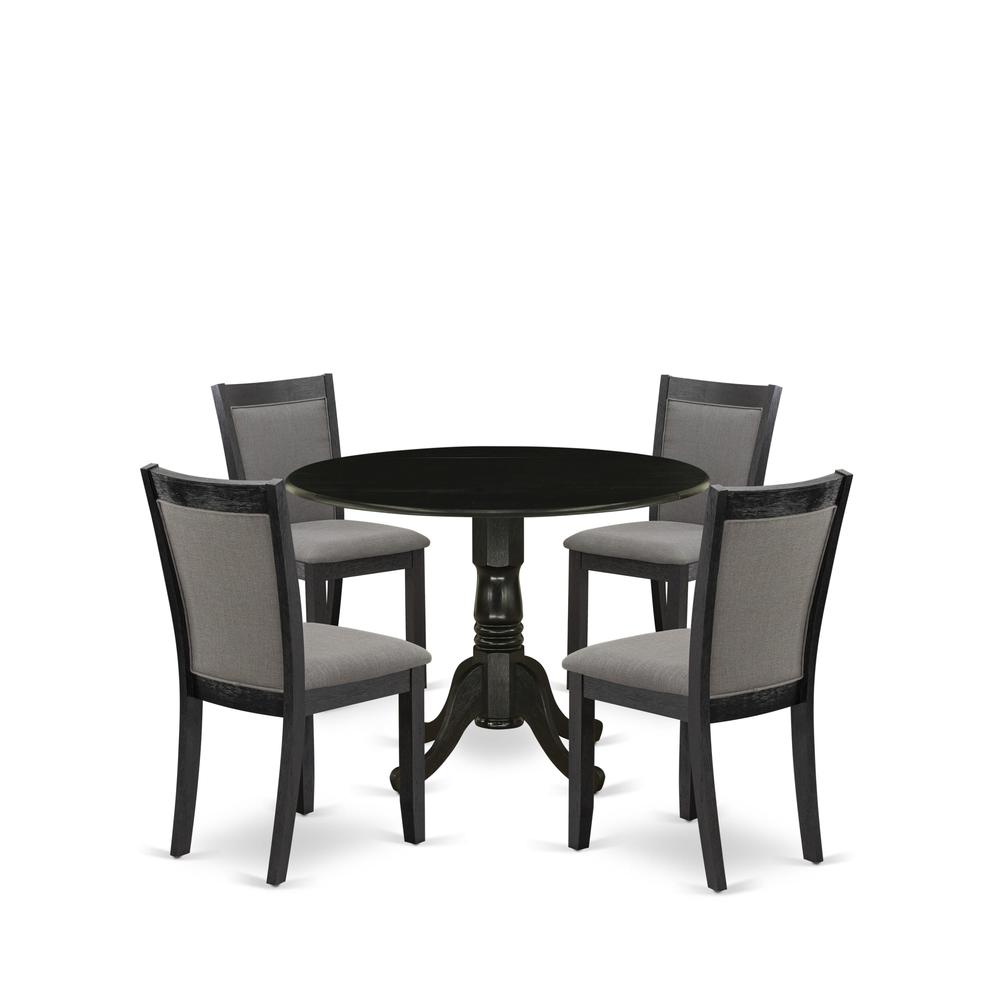 East West Furniture 5-Piece Modern Dining Table Set Consists of a Dining Table with Drop Leaves and 4 Dark Gotham Grey Linen Fabric Dining Chairs - Wire Brushed Black Finish. Picture 2