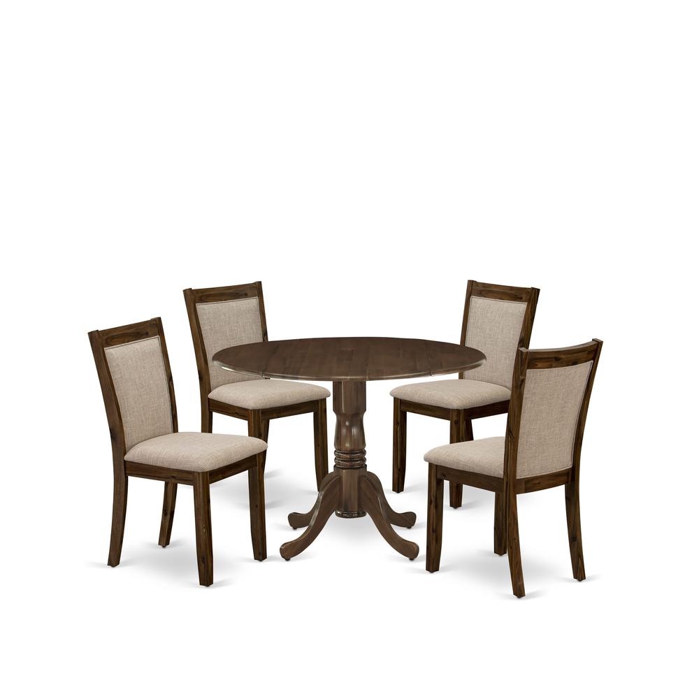 East West Furniture 5-Pc Dining Room Table Set Consists of a Wood Table with Drop Leaves and 4 Light Tan Linen Fabric Kitchen Chairs - Sand Blasting Antique Walnut Finish. Picture 2