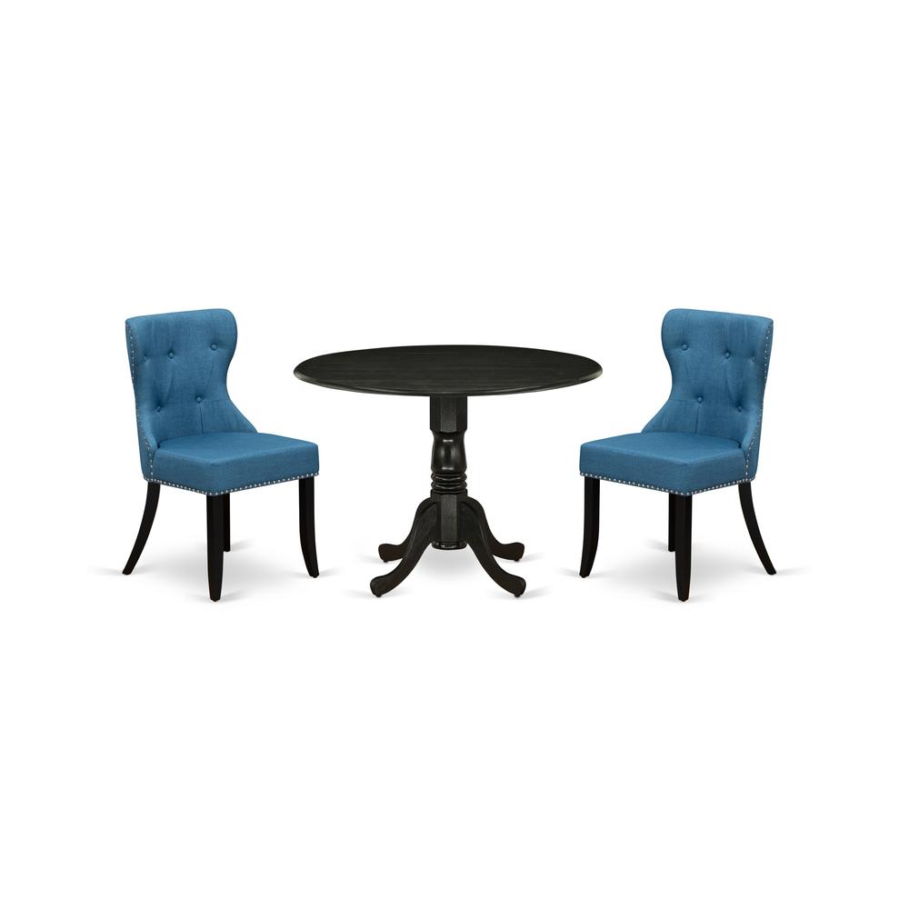 East-West Furniture DLSI3-ABK-21 - A dining table set of 2 excellent parson chairs using Linen Fabric Mineral Blue color and a gorgeous midcentury dining table with Wire brushed Black. Picture 1