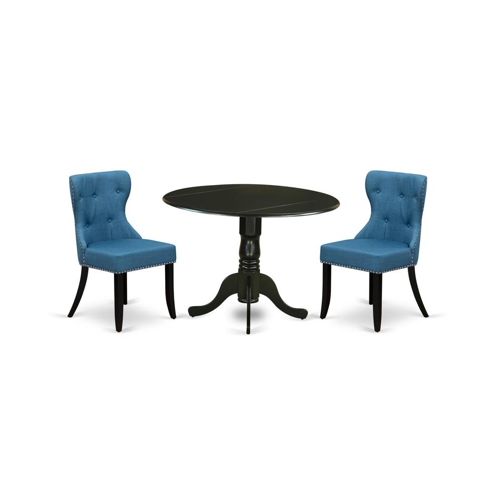East-West Furniture DLSI3-BLK-21 - A dining room table set of two amazing indoor dining chairs with Linen Fabric Mineral Blue color and a fantastic wood pedestal kitchen table using Black color. Picture 1