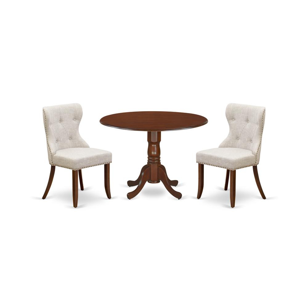 East-West Furniture DLSI3-MAH-35 - A dining room table set of two wonderful dining chairs using Linen Fabric Doeskin color and a fantastic two 9" drop leaf round pedestal kitchen table in Mahogany Fin. Picture 1