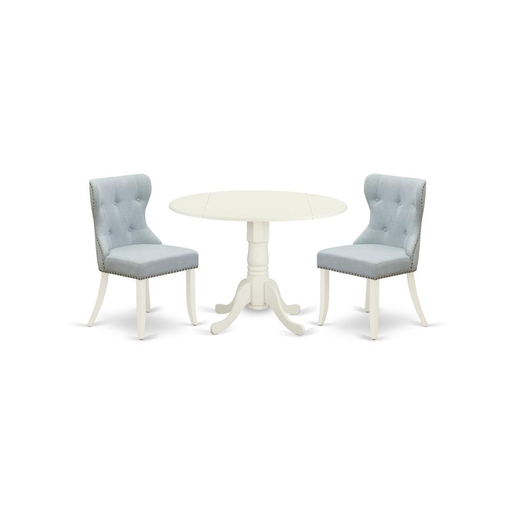 East-West Furniture DLSI3-WHI-15 - A dining table set of two fantastic dining room chairs with Linen Fabric Baby Blue color and an attractive wood table with Linen White color. Picture 1