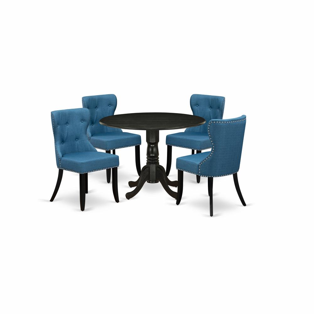 East-West Furniture DLSI5-ABK-21 - A dining room table set of 4 wonderful kitchen chairs using Linen Fabric Mineral Blue color and a beautiful wood pedestal kitchen table using Wire brushed Black. Picture 1
