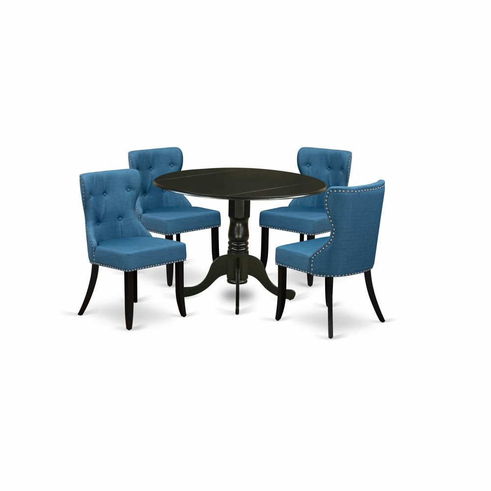 East-West Furniture DLSI5-BLK-21 - A dining set of 4 wonderful kitchen chairs with Linen Fabric Mineral Blue color and a gorgeous two 9" drop leaf round dining room table with Black color. Picture 1