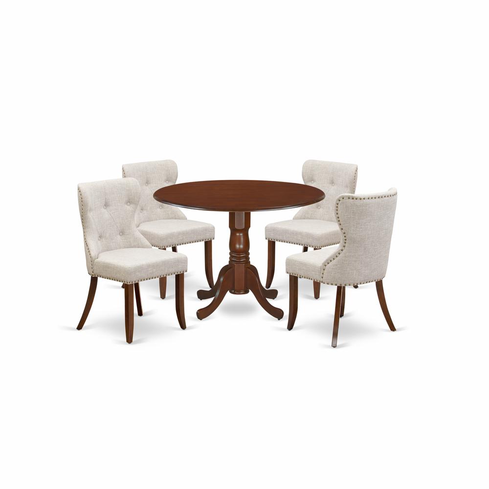 East-West Furniture DLSI5-MAH-35 - A dining room table set of 4 amazing kitchen chairs using Linen Fabric Doeskin color and an attractive two 9" drop leaf round wooden table in Mahogany Finish. Picture 1