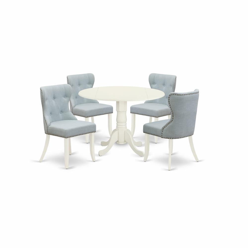 East-West Furniture DLSI5-WHI-15 - A kitchen dining table set of 4 amazing kitchen dining chairs with Linen Fabric Baby Blue color and a beautiful dinner table with Linen White color. Picture 1