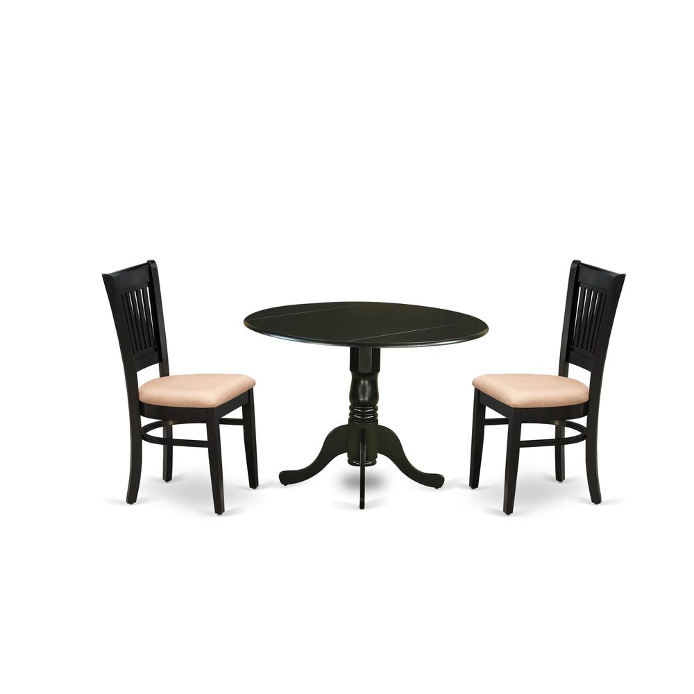 East West Furniture - DLVA3-BLK-C - 3-Piece Dining Table Set- 2 Wooden Chair with Linen Fabric Seat and Slatted Chair Back - Drop Leaves Modern Dining Room Table - Black Finish. Picture 1