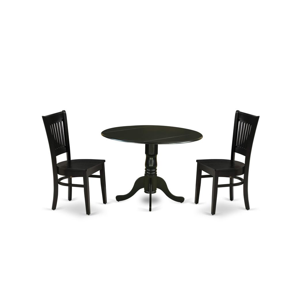 East West Furniture - DLVA3-BLK-W - 3-Piece Kitchen Table Set- 2 Mid Century Chair with Wooden Seat and Slatted Chair Back - Drop Leaves Breakfast Table - Black Finish. Picture 1