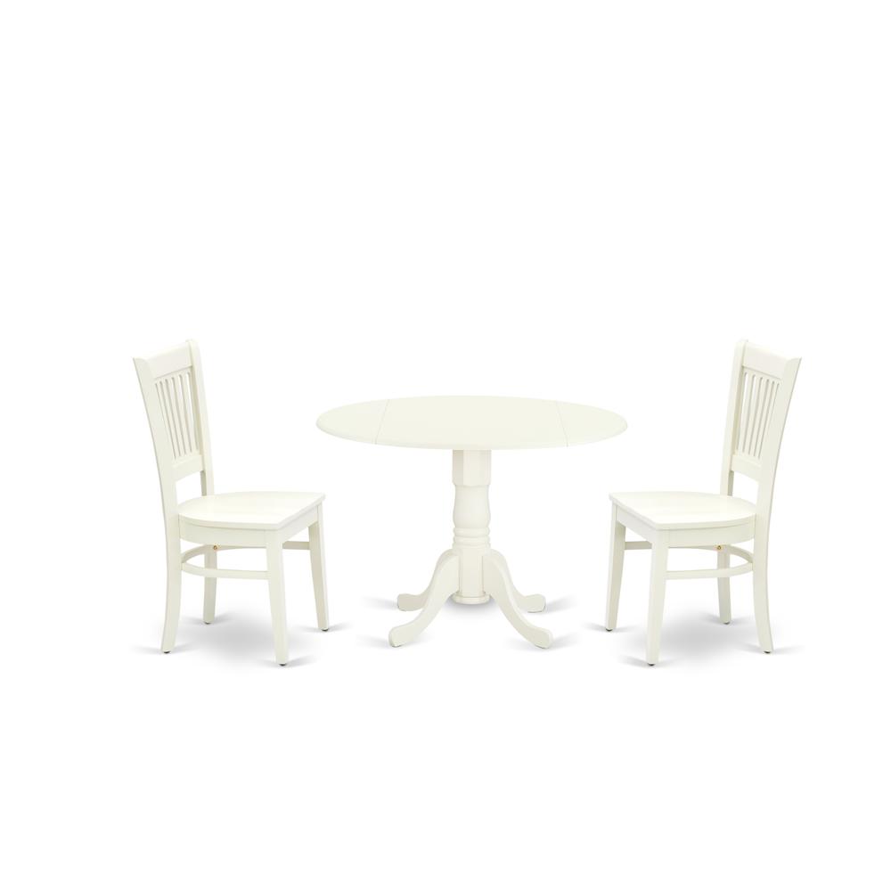 East West Furniture - DLVA3-LWH-W - 3-Piece Dining Table Set- 2 Kitchen Chairs with Wooden Seat and Slatted Chair Back - Drop Leaves Dining Table - Linen White Finish. Picture 1