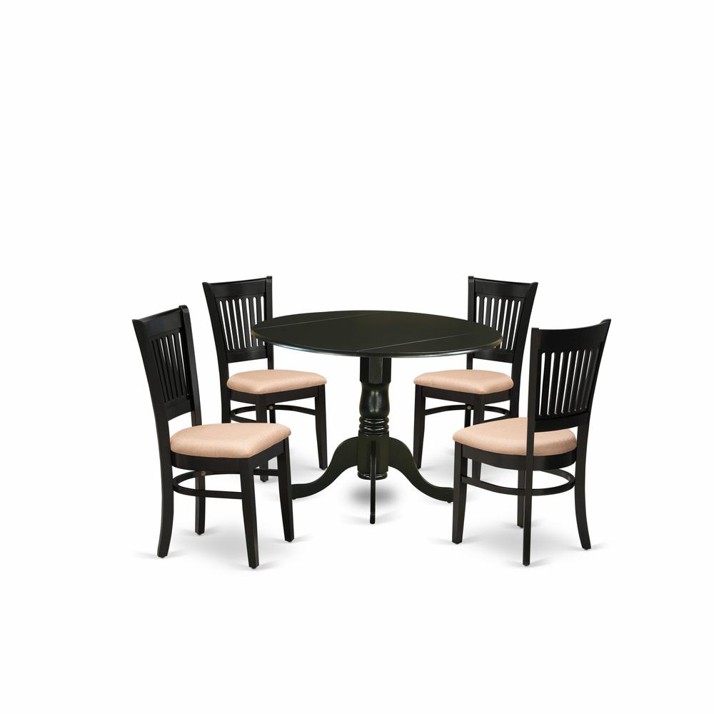 East West Furniture - DLVA5-BLK-C - 5-Pc Dining Room Table Set- 4 Wooden Chairs with Linen Fabric Seat and Slatted Chair Back - Drop Leaves Kitchen Dining Table - Black Finish. Picture 1