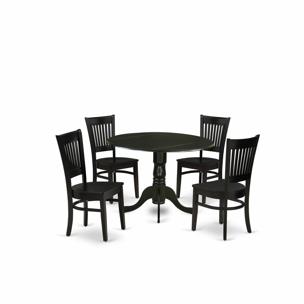 East West Furniture - DLVA5-BLK-W - 5-Piece Dinette Set- 4 Dining Room Chair with Wooden Seat and Slatted Chair Back - Drop Leaves Modern Dining Room Table - Black Finish. Picture 1