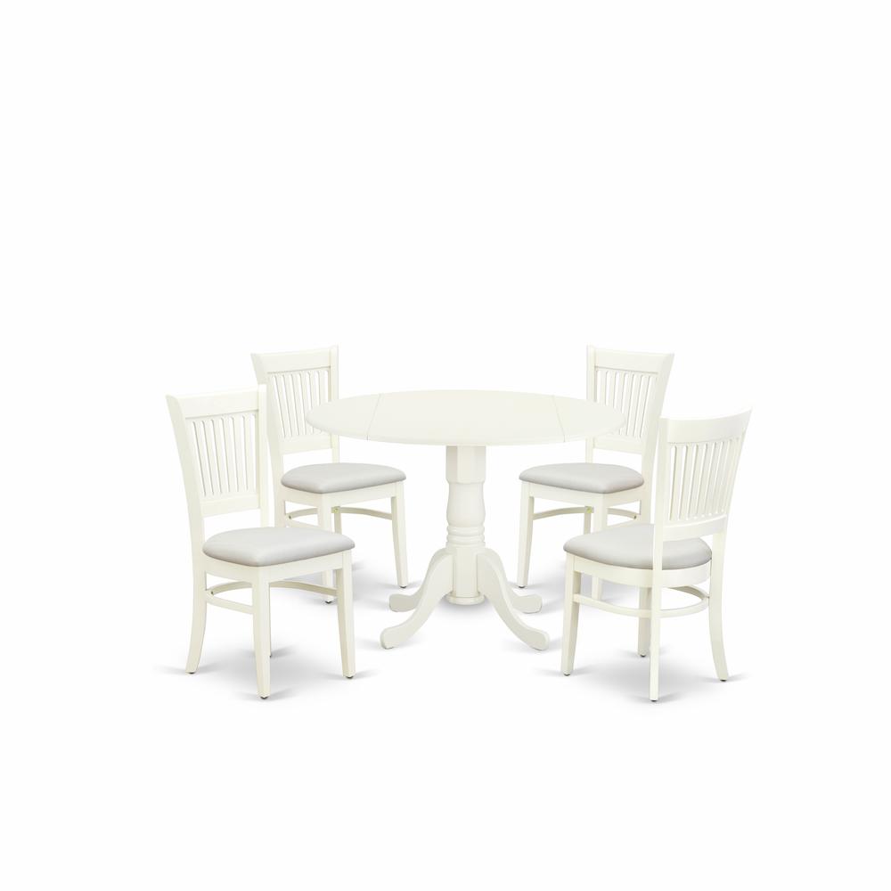 East West Furniture - DLVA5-LWH-C - 5-Piece Kitchen Table Set- 4 Dining Chairs with Linen Fabric Seat and Slatted Chair Back - Drop Leaves Dining Table - Linen White Finish. Picture 1