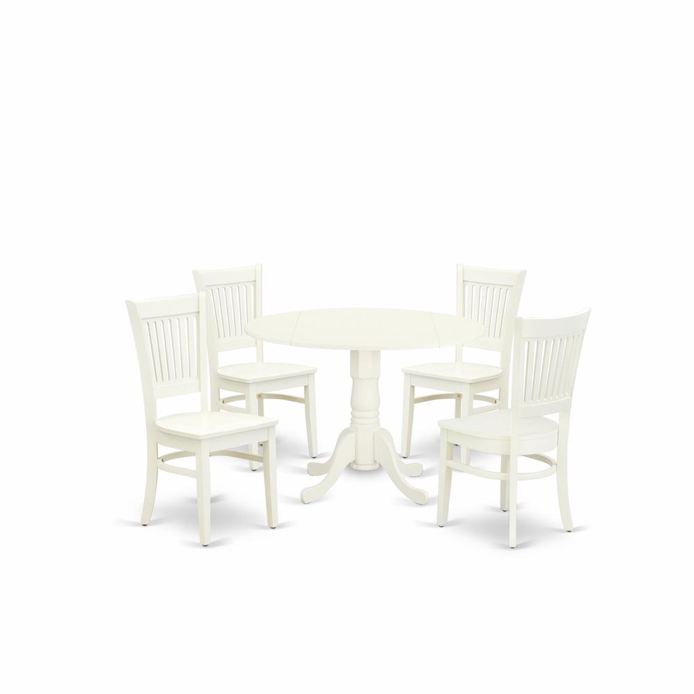 East West Furniture - DLVA5-LWH-W - 5-Pc Dinette Room Set- 4 Dining Room Chairs with Wooden Seat and Slatted Chair Back - Drop Leaves Dining Table - Linen White Finish. Picture 1