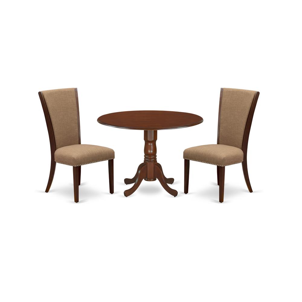 East-West Furniture DLVE3-MAH-47 - A dining room table set of two excellent dining chairs with Linen Fabric Light Sable color and a beautiful wooden dining table with Mahogany Finish. Picture 1