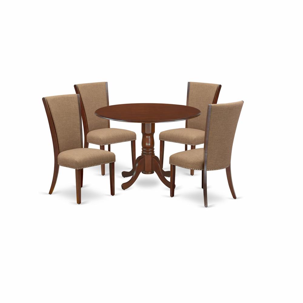 East-West Furniture DLVE5-MAH-47 - A dining room table set of 4 fantastic kitchen chairs with Linen Fabric Light Sable color and a stunning mid-century dining table with Mahogany Finish. Picture 1