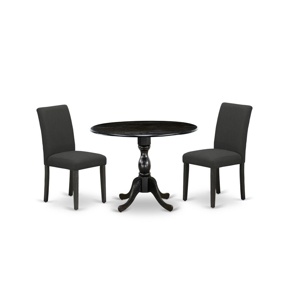 East West Furniture DMAB3-ABK-24 3 Piece Modern Dining Table Set Includes 1 Drop Leaves Dining Room Table and 2 Black Linen Fabric Padded Chair with High Back - Wire Brushed Black Finish. The main picture.