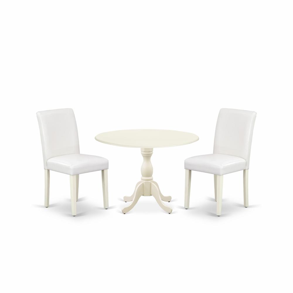 East West Furniture DMAB3-LWH-64 3 Piece Dining Room Set Includes 1 Drop Leaves Dining Table and 2 White PU Leather Upholstered Dining Chairs with High Back - Linen White Finish. Picture 1