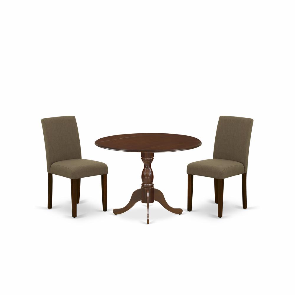 East West Furniture DMAB3-MAH-18 3 Piece Dinning Room Table Set Contains 1 Drop Leaves Wood Dining Table and 2 Coffee Linen Fabric Parson Chairs with High Back - Mahogany Finish. Picture 1