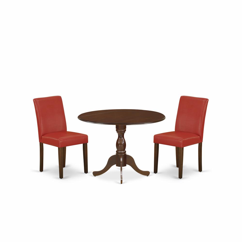 East West Furniture DMAB3-MAH-72 3 Piece Kitchen Table Set Includes 1 Drop Leaves Dining Room Table and 2 Firebrick Red PU Leather Upholstered Chair with High Back - Mahogany Finish. The main picture.