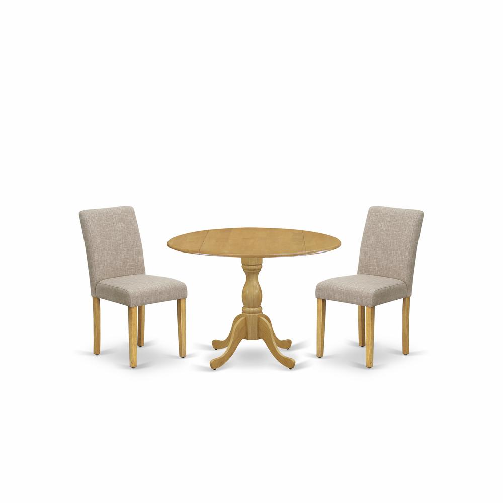 East West Furniture DMAB3-OAK-04 3 Piece Dining Table Set - Oak Small Dining Table and 2 Light Tan Linen Fabric Modern Dining Chairs with High Back - Oak Finish. Picture 1
