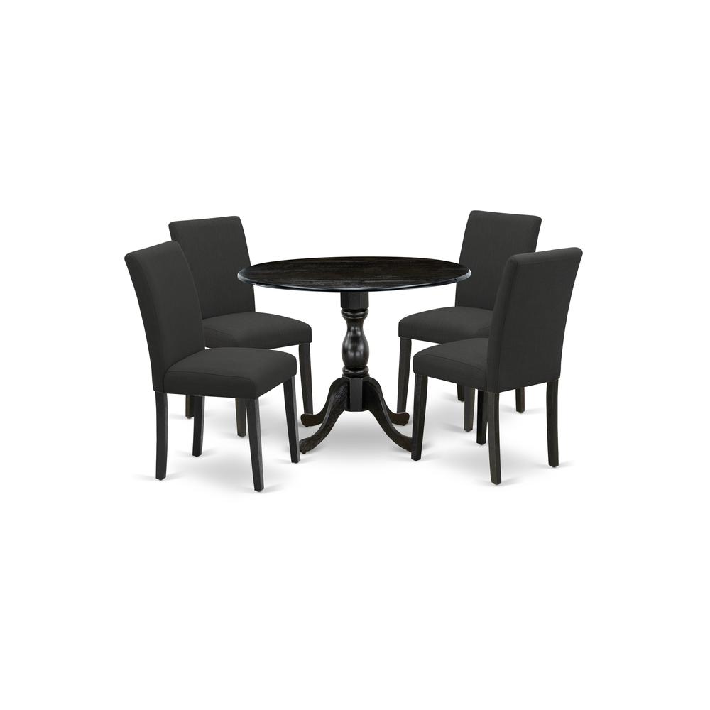 East West Furniture DMAB5-ABK-24 5 Piece Wood Dining Table Set Contains 1 Drop Leaves Dining Room Table and 4 Black Linen Fabric Dining Chair with High Back - Wire Brushed Black Finish. Picture 1