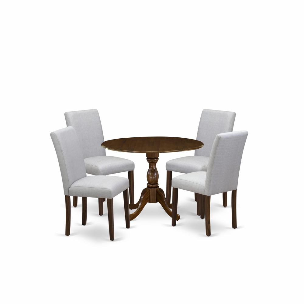 East West Furniture 5 Piece Kitchen Table Set Contains 1 Drop Leaves Wooden Table and 4 Grey Linen Fabric Parson Dining Chairs with High Back - Acacia Walnut Finish. Picture 2